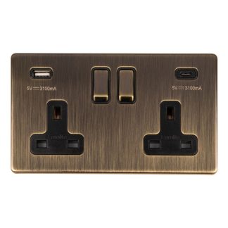 Eurolite AB2USBCB 2-Gang 13Amp Switched Socket with USB-C Ant Brass (LEAD TIME: 2-3 DAYS)