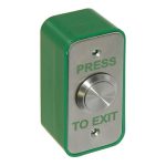 CQR AEB25 Surface Mounted Narrow Exit Button - Legend "Press To Exit" - Stainless Steel / Green Back Box (LEAD TIME: 2-3 DAYS)