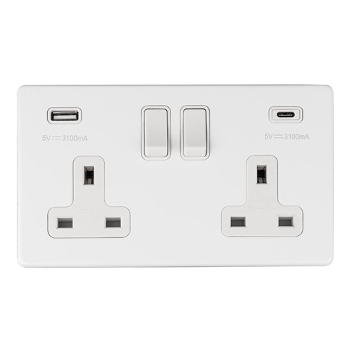 Eurolite ECW2USBCW 2-Gang 13Amp Switched Socket with USB-C White (LEAD TIME: 2-3 DAYS)