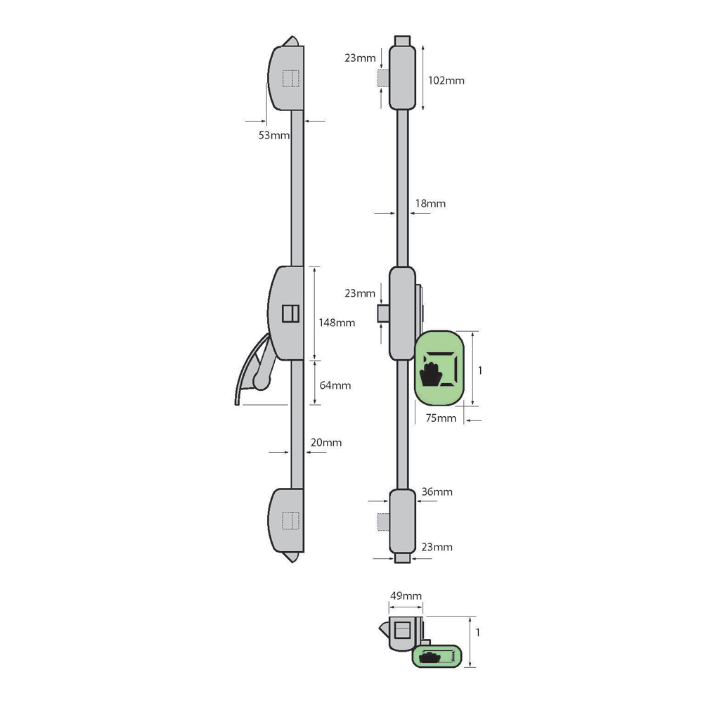 Strand Hardware PH356 Three Point Push Pad Bolt (LEAD TIME: 5-7 DAYS) - Image 2